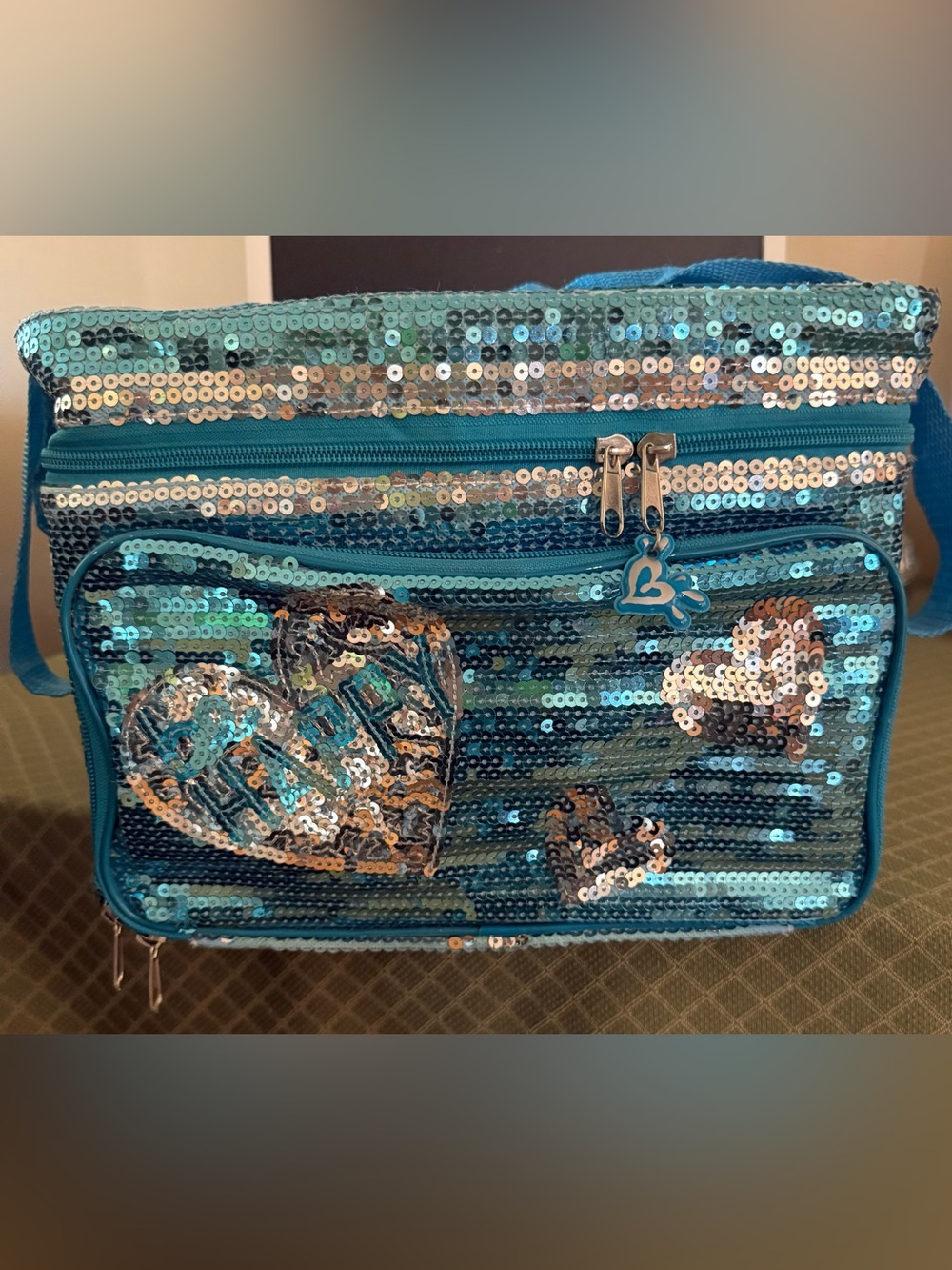 Sequined Teal Heart Cosmetic Bag - Women Bags